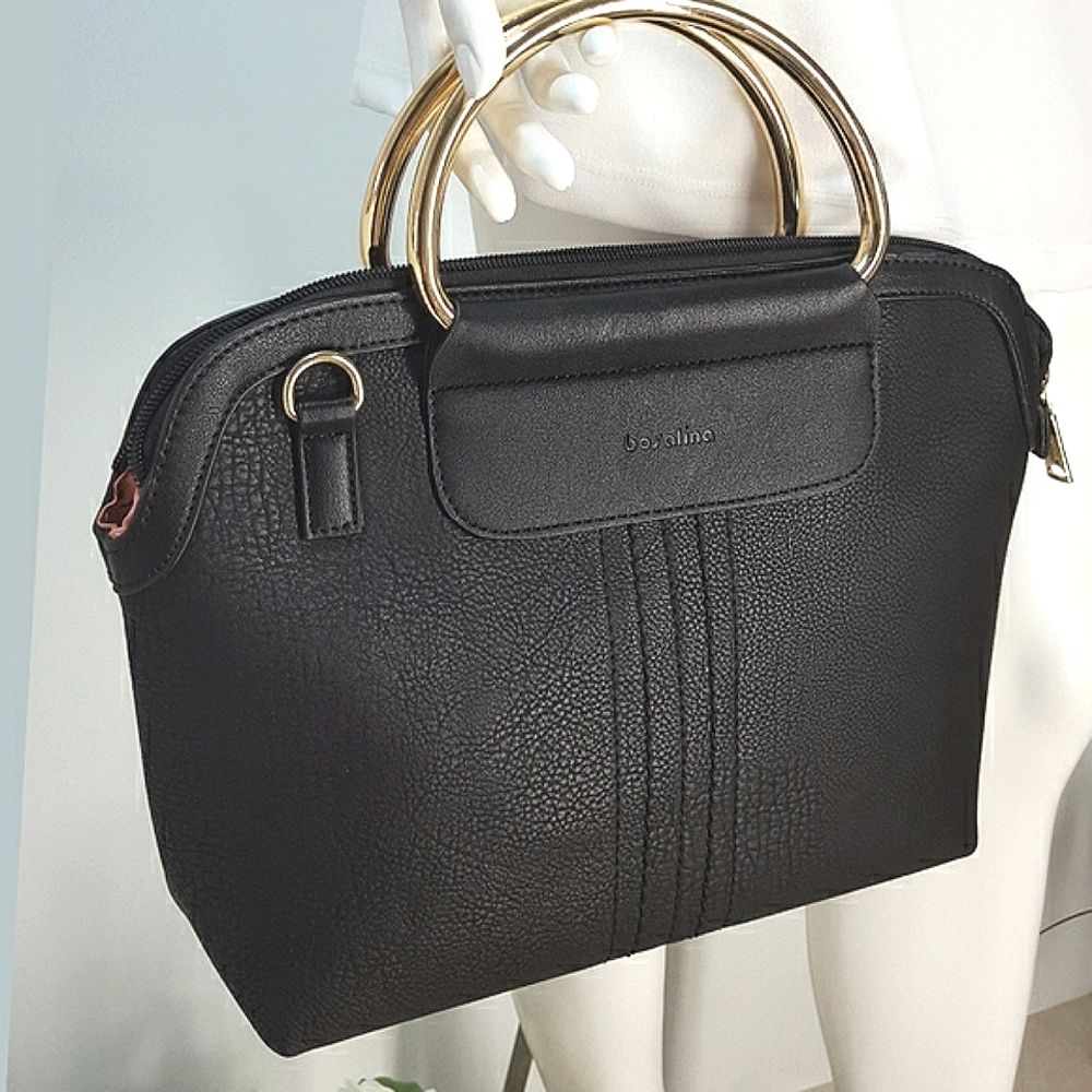 Bosalina🖤Black Textured Faux Leather Bag/Handbag W Round Golden Handel